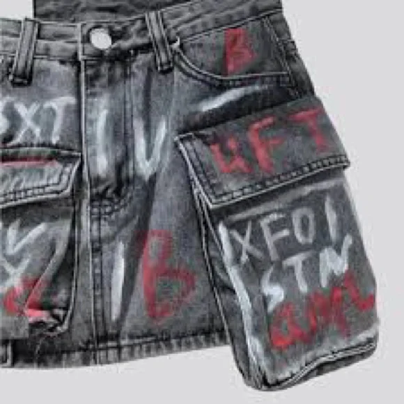 Black Graffiti Denim Mini Skirt with Cargo Pockets - Picture 3 of 4